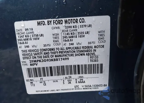 2019 Ford Edge Se from USA, damaged, VIN 2FMPK3G93KBB17499